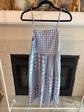 Blue and White Gingham Spaghetti Strap Midi Dress